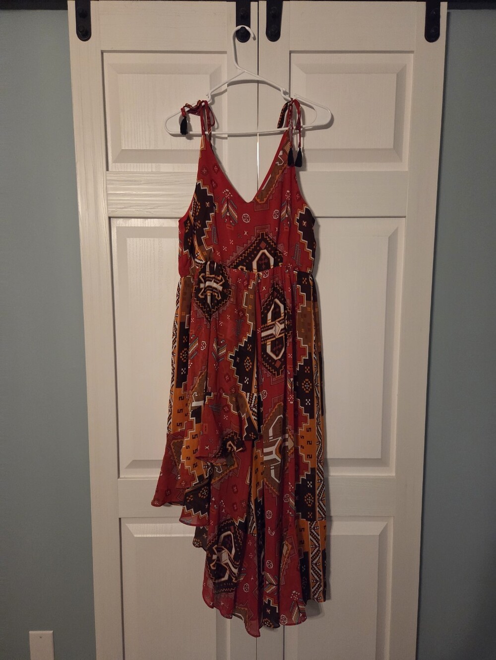 Boho High-Low Dress Farm Rio Style Tassel Straps Lined S/M